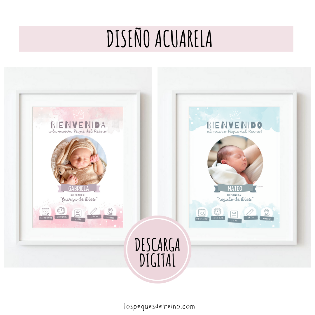 Póster personalizable nacimiento bebé - Diseño Acuarela