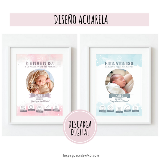 Póster personalizable nacimiento bebé - Diseño Acuarela